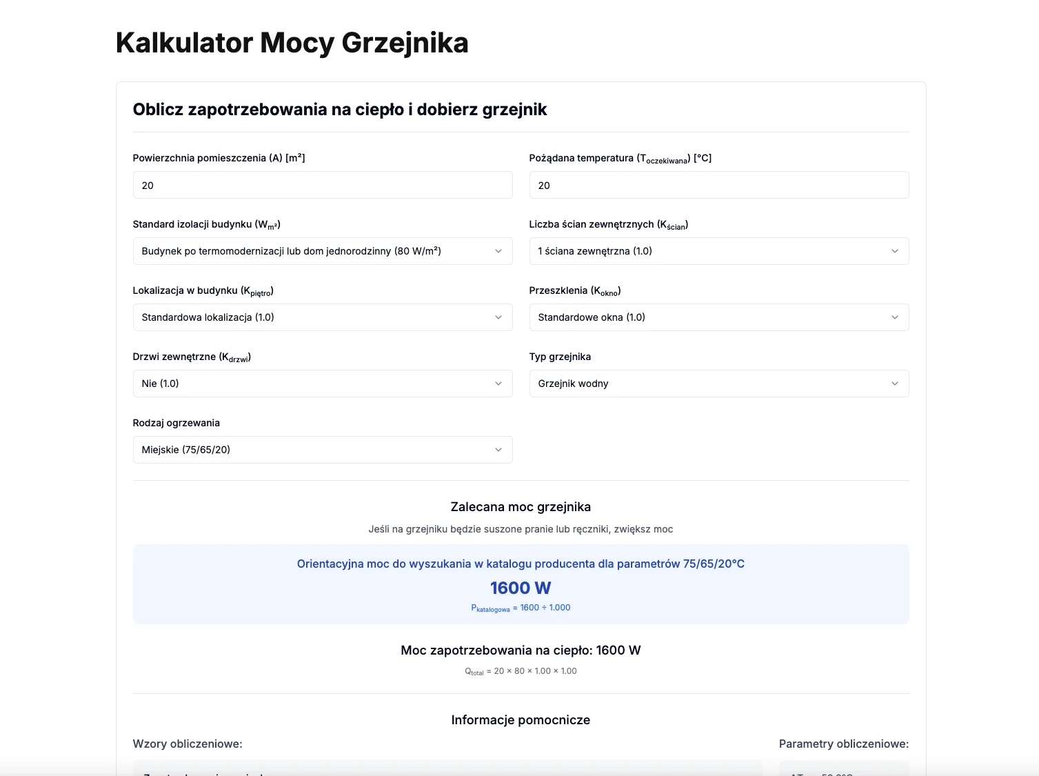 Kalkulator Mocy Grzejnika ToolArch